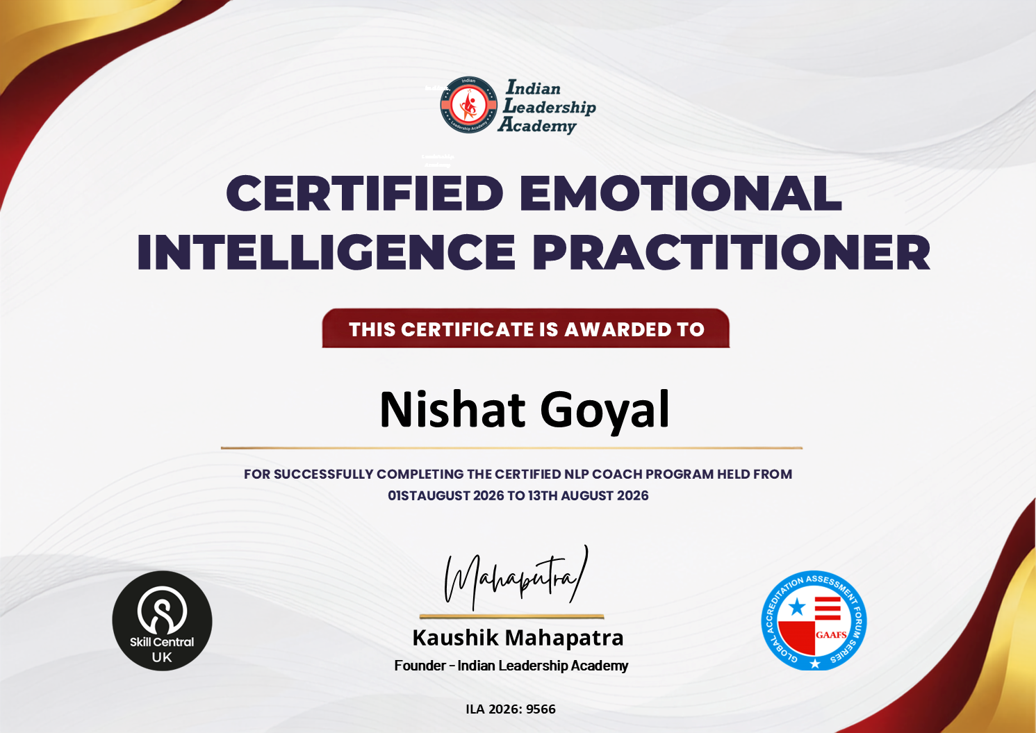 Certified Emotional Intelligence Practitioner certificate awarded to Nishat Goyal