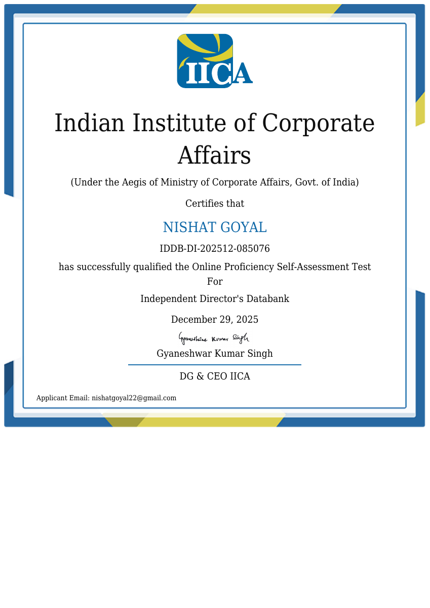 Preview of Nishat Goyal’s Independent Director’s Databank certificate