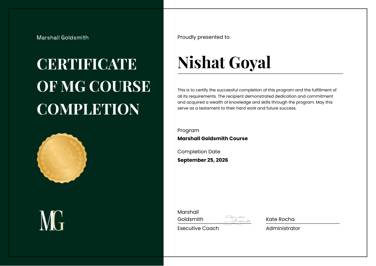 Preview of Nishat Goyal’s Marshall Goldsmith Course certificate