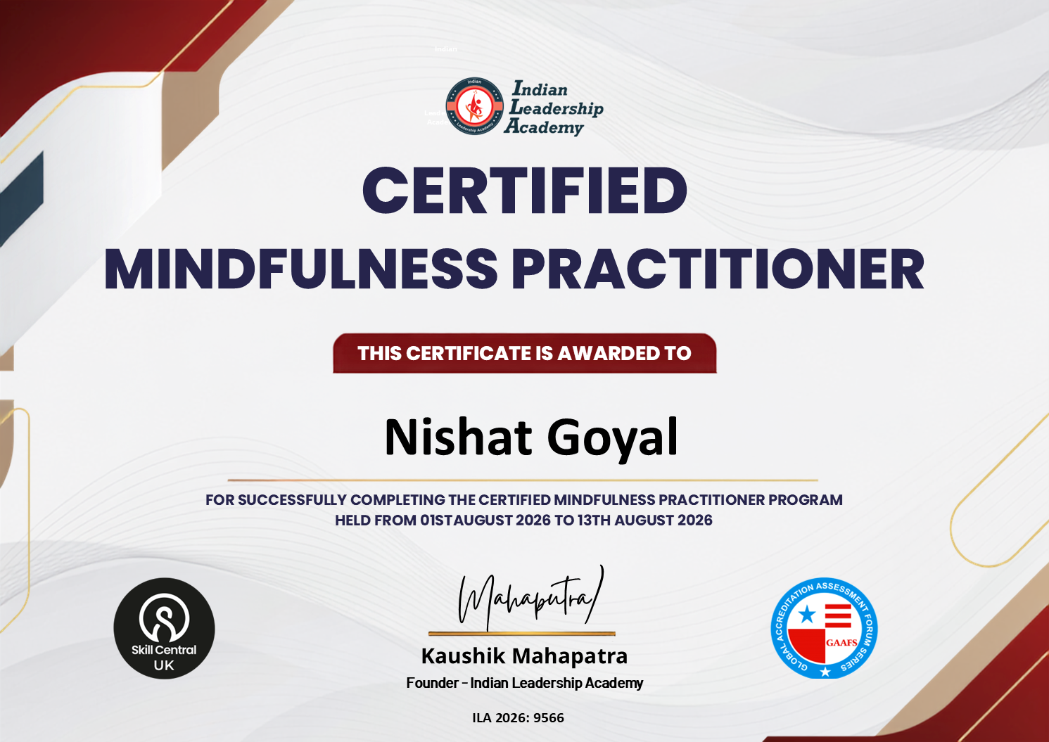 Certified Mindfulness Practitioner certificate awarded to Nishat Goyal