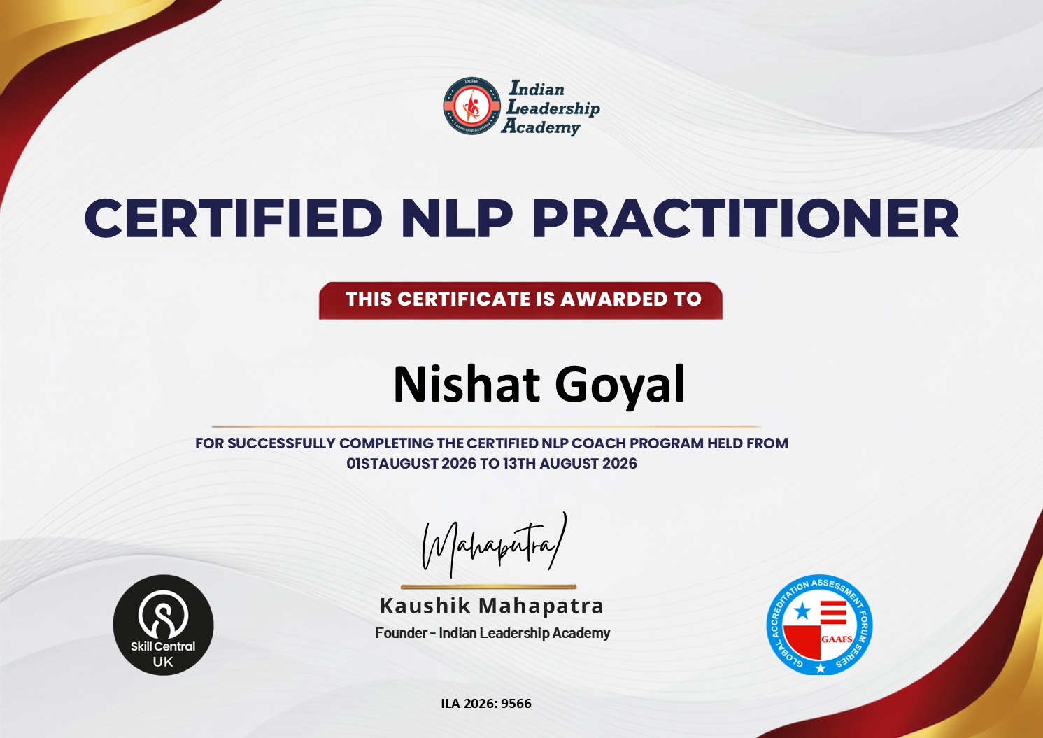Certified NLP Practitioner certificate awarded to Nishat Goyal